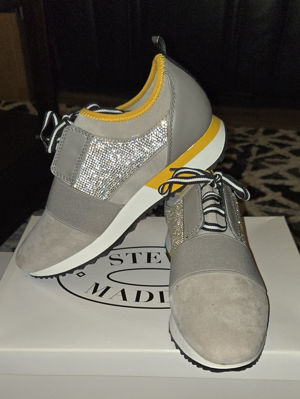 Steve Madden ATTACK Rhinestones Gray & Yellow Women’s Sparkle Slip-On Sneakers